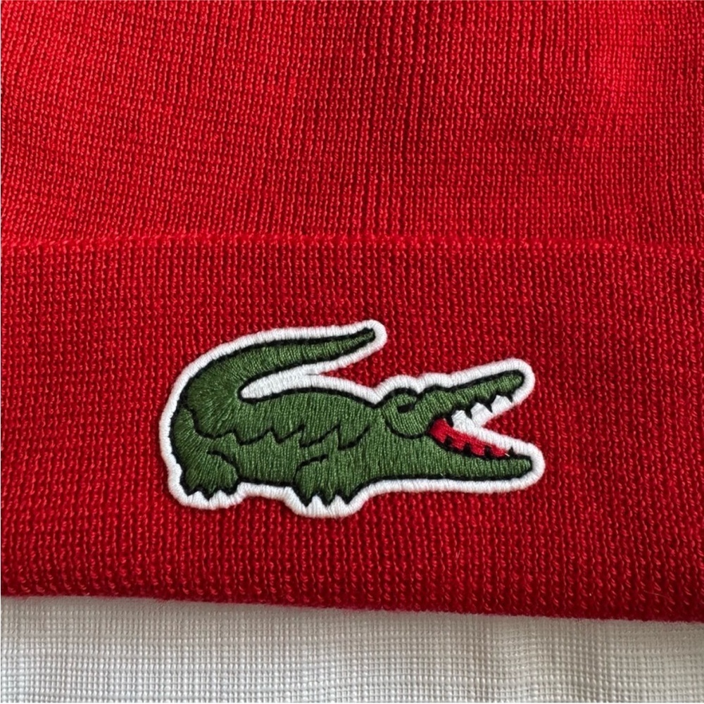Lacoste Red Knit Hat with Iconic Crocodile Logo - Picture 4 of 5